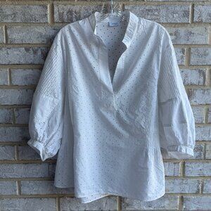 AKRIS Punto 3/4 Sleeve Balloon Sleeve Split V-Neck Sheer Blouse Women's Size 12
